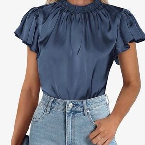 Chic Navy Women's Blouse with Ruffled Neckline